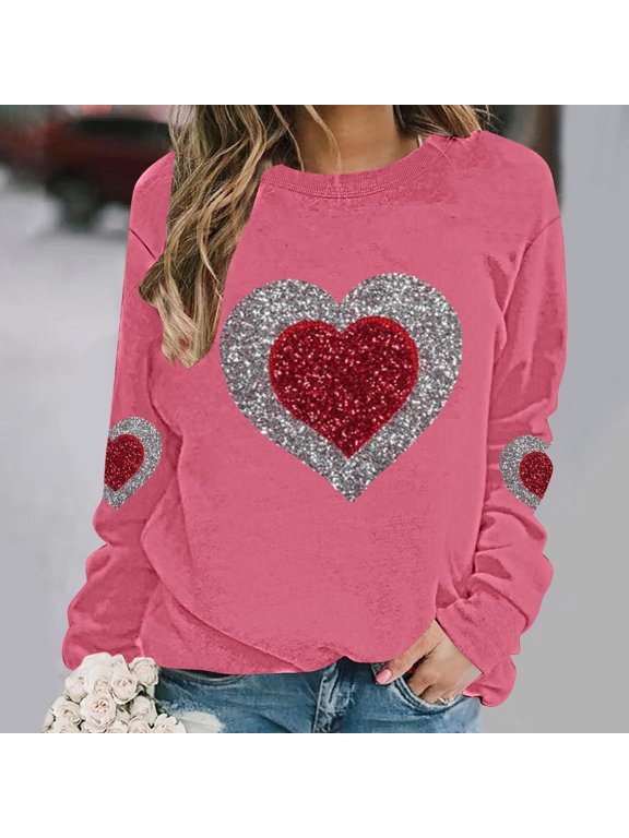 Women's Valentine's Sweatshirts Plus Size Cute Love Heart Graphic Blouses Long Sleeve Round Neck Shirts Valentine's Day Printed Sweater Pullover Tops