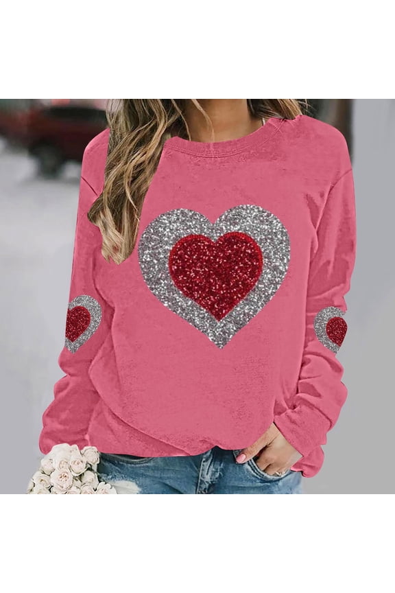 Women's Valentine's Sweatshirts Plus Size Cute Love Heart Graphic Blouses Long Sleeve Round Neck Shirts Valentine's Day Printed Sweater Pullover Tops