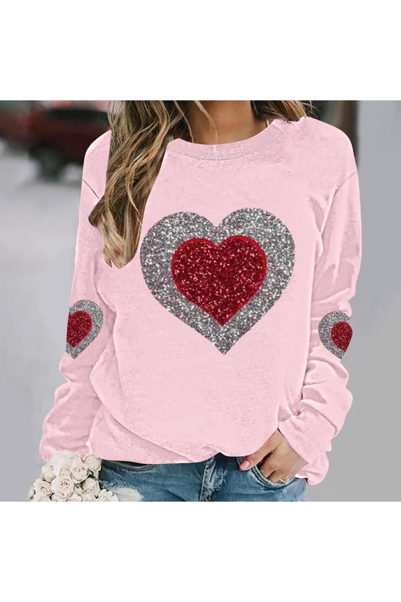 Women's Valentine's Sweatshirts Plus Size Cute Love Heart Graphic Blouses Long Sleeve Round Neck Shirts Valentine's Day Printed Sweater Pullover Tops