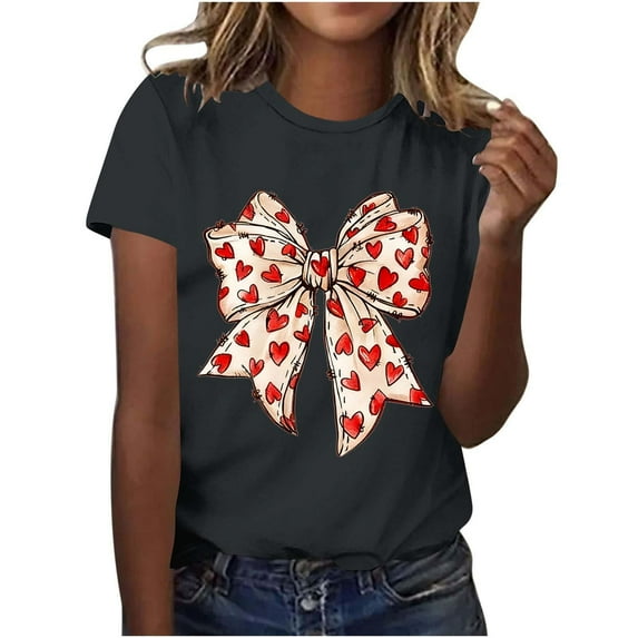 Women's Valentine's T-Shirt Short Sleeve Bow Print Crewneck Top for Romantic Dark Gray 2XL