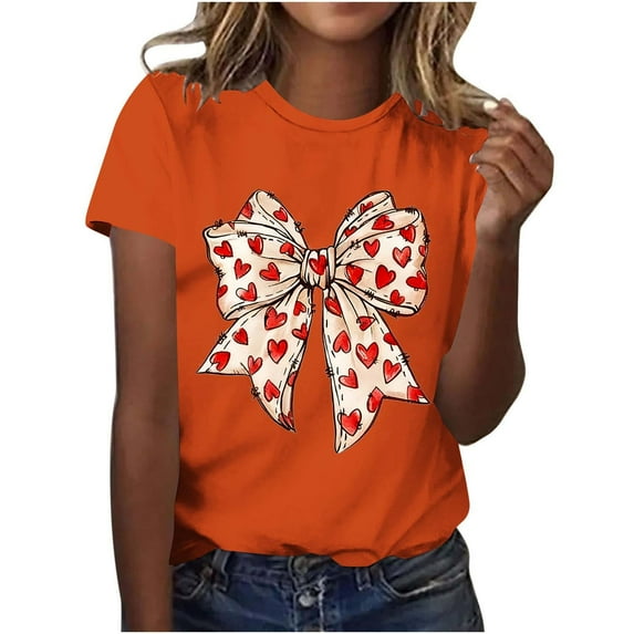 Women's Valentine's T-Shirt Short Sleeve Bow Print Crewneck Top for Romantic Orange 2XL