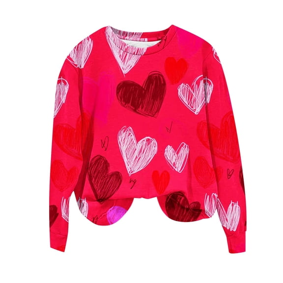 Women's Valentines Day Fleece Lined Sweatshirt Long Sleeve Heart Graphic Print Crewneck Pullover Top for Party Red S