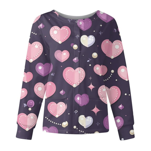 Women's Valentines Day Scrub Jacket Button Down Long Sleeve Holiday Scrubs Top Cute Love Heart Print Nurse Uniforms Workwear