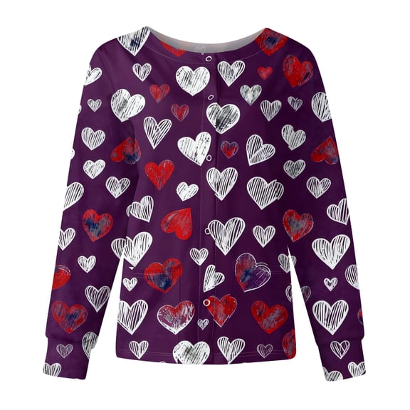 Women's Valentines Day Scrub Jacket Plus Size Cute Heart Print Scrubs Top Snap Front Casual Long Sleeve Medical Nurse Workwear
