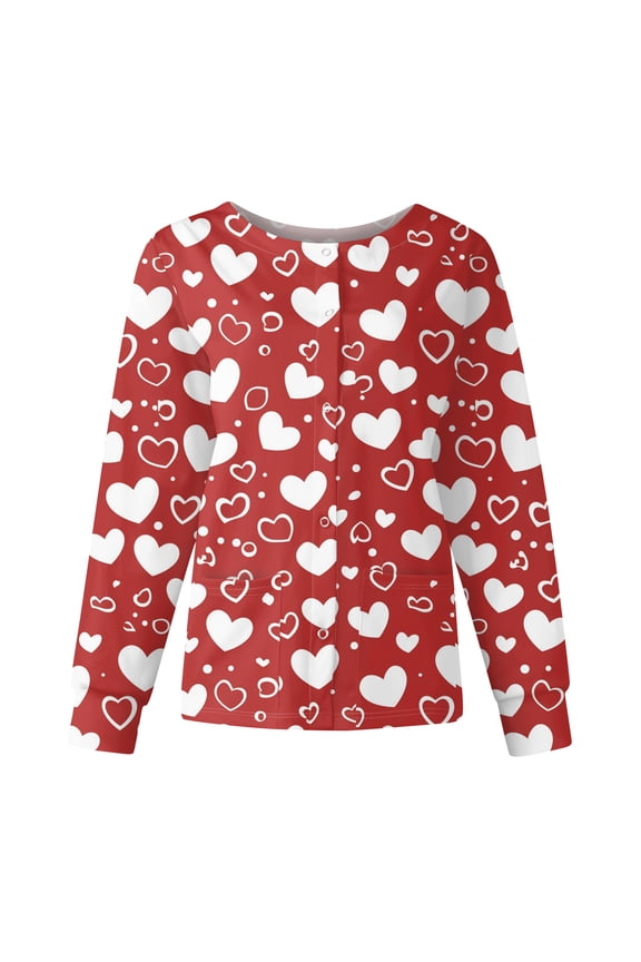 Women's Valentines Day Scrub Jacket Snap Front Casual Long Sleeve Holiday Scrubs Top Cute Love Heart Print Nurse Working Uniforms