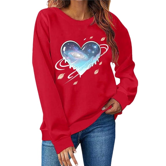 Women's Valentines Day Sweatshirts Long Sleeve Crew Neck Holiday Love Printed Shirts Casual Loose Trendy Pullover Tops (2XL, Red C)