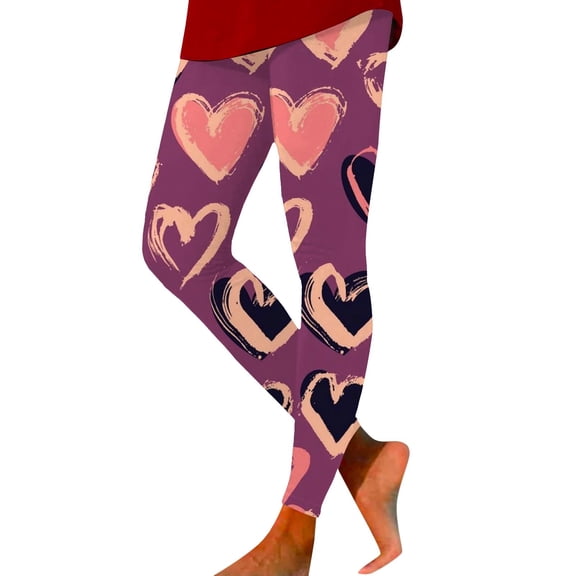 Women's Valentines Leggings Solid Pants with Hearts Printed Yoga Pants Tight Bottom Leggings Stretch Trousers for Womens B-Red M