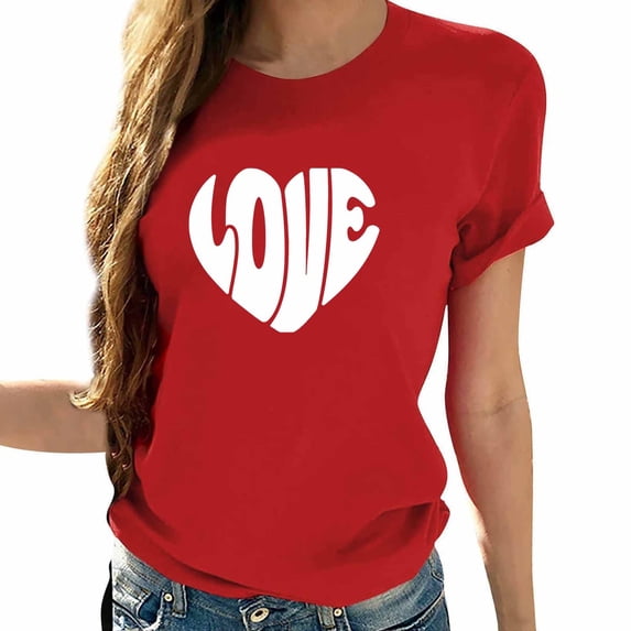 Women's Valentines Shirt Heart Graphic Printed Round Neck Short Sleeve Pullover Tshirt for Romantic Red-10 S