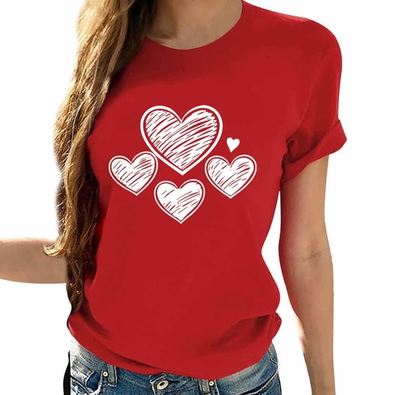 Women's Valentines Shirt Heart Graphic Printed Round Neck Short Sleeve Pullover Tshirt for Romantic Red-5 S