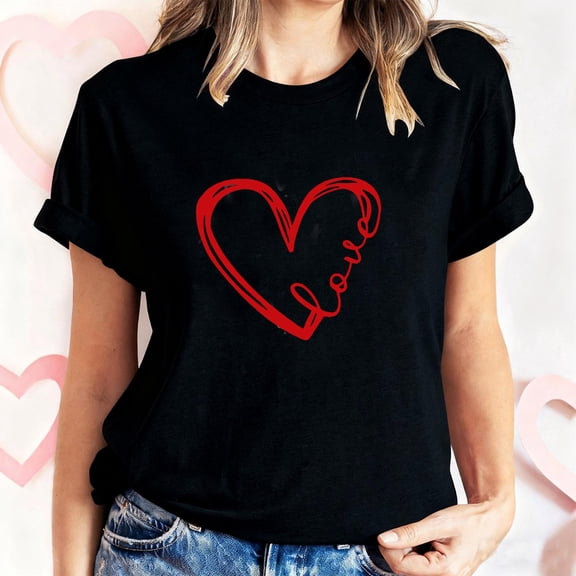 Women's Valentines Shirts Summer Plus Size Tops Cute Heart Printed Short Sleeve T-Shirts Casual Crewneck Blouses Pullover