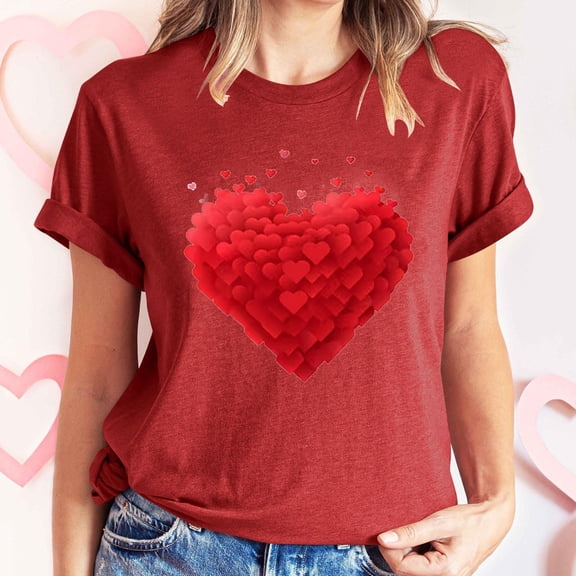 Women's Valentines Shirts Summer Plus Size Tops Cute Heart Printed Short Sleeve T-Shirts Casual Crewneck Blouses Pullover