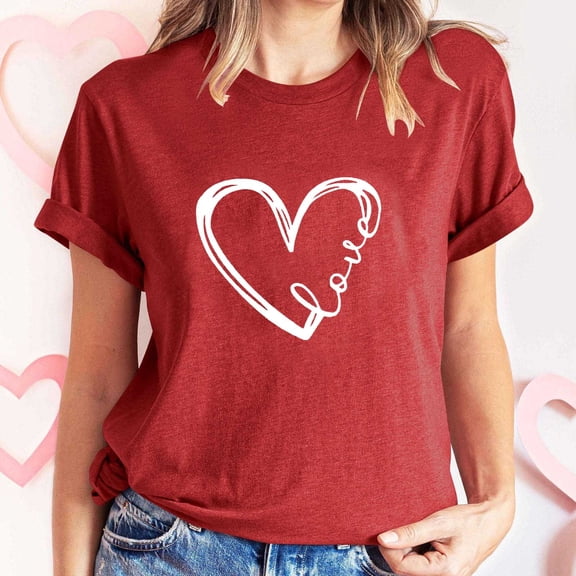 Women's Valentines Shirts Summer Plus Size Tops Cute Heart Printed Short Sleeve T-Shirts Casual Crewneck Blouses Pullover