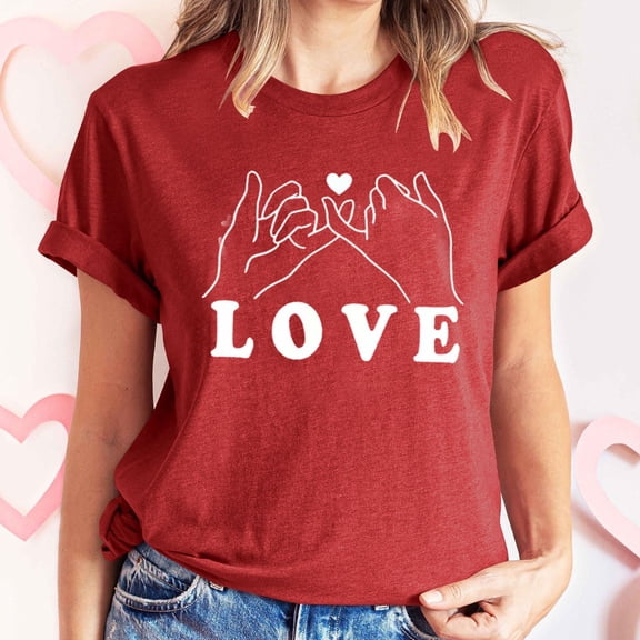 Women's Valentines Shirts Summer Plus Size Tops Cute Heart Printed Short Sleeve T-Shirts Casual Crewneck Blouses Pullover