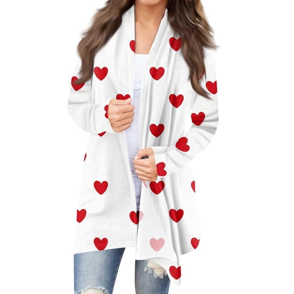 Women’s Valentines Sweaters Open Front Long Sleeve Valentines Cardigan with Heart Print Relaxed Fit Casual Heart Jacket White XXL