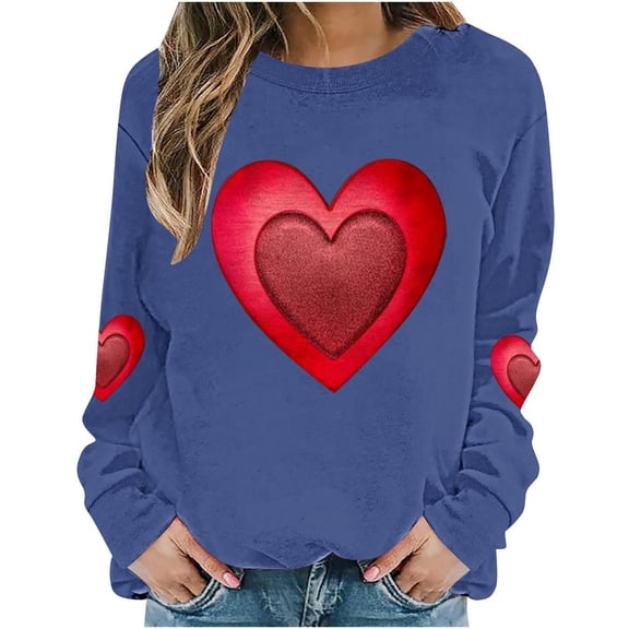 Women's Valentines Sweatshirt Long Sleeve Glitter Heart Print Crewneck Pullover Top for Romantic Dates Blue-3 L