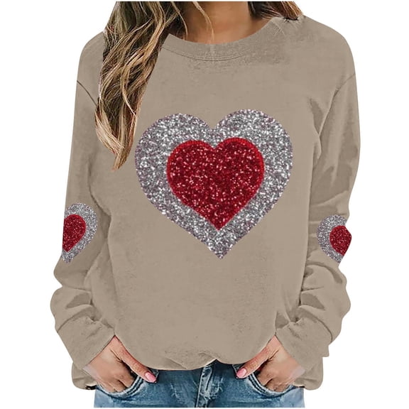 Women's Valentines Sweatshirt Long Sleeve Glitter Heart Print Crewneck Pullover Top for Romantic Dates Khaki-2 M