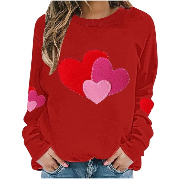 Women's Valentines Sweatshirt Long Sleeve Glitter Heart Print Crewneck Pullover Top for Romantic Dates Red-1 4XL