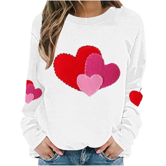 Women's Valentines Sweatshirt Long Sleeve Glitter Heart Print Crewneck Pullover Top for Romantic Dates White-1 5XL
