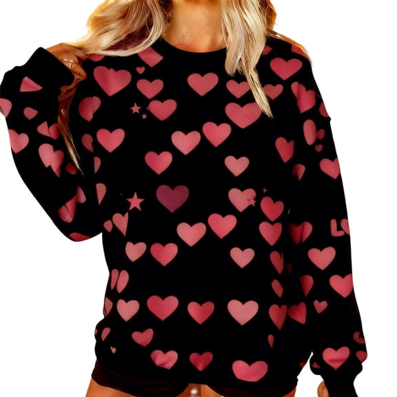Women's Valentines Sweatshirt Long Sleeve Heart Oversized Shirts Crewneck Cute Ribbed Pullover Sweater Tops, L Black