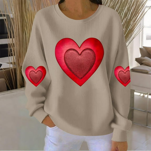 Women's Valentines Sweatshirts Love Heart Printed Shirts Loose Long Sleeve Round Neck Pit Thread Blouses Valentine's Day Sweater Pullover Tops