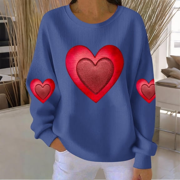 Women's Valentines Sweatshirts Love Heart Printed Shirts Loose Long Sleeve Round Neck Pit Thread Blouses Valentine's Day Sweater Pullover Tops