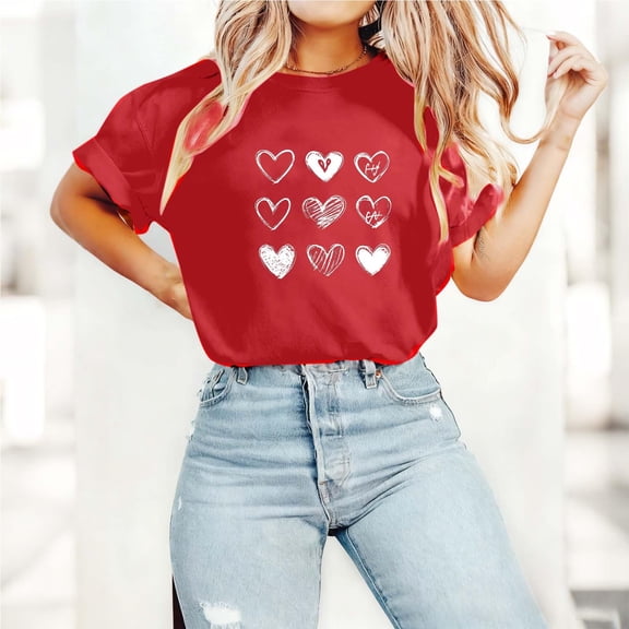 Women's Valentines TShirts Cute Heart Printed Blouses Loose Summer Top Crewneck Short Sleeve Lightweight Cotton Tee Shirt Pullover Tops