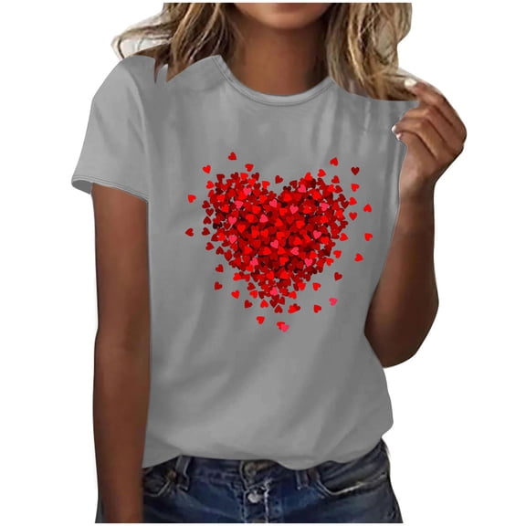 Women's Valentines TShirts Cute Heart Printed Tee Shirts Short Sleeve Shirt Casual Crewneck Blouses Pullover Top Plus Size