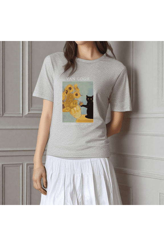 Women's Van Gogh Sunflowers & Cat Art Print Oversized T-Shirt S-5XL Graphic Tee Fashion Top for Art Enthusiasts Daily Wear