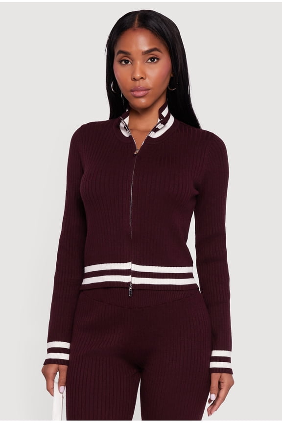 Women's Varsity Stripe Detail Zip Front Sweater