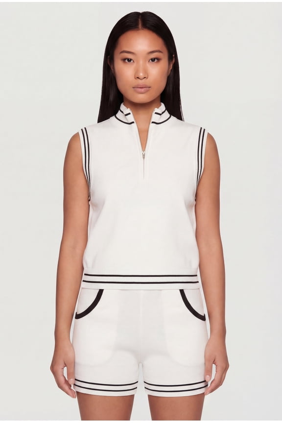 Women's Varsity Stripe Half Zip Front Sleeveless Mock Neck Top