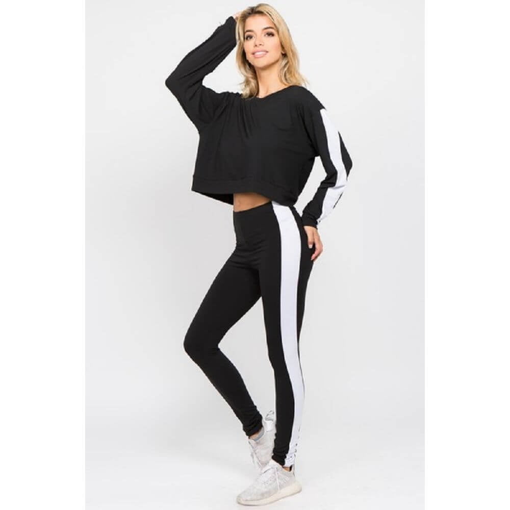 Women's Varsity Striped Crop Top & Leggings 2-Piece Set, Black/White, M/L 