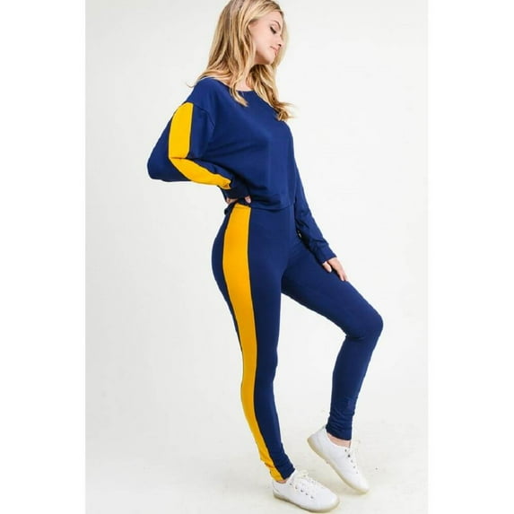 Women's Varsity Striped Crop Top & Leggings 2-Piece Set, Navy/Mustard, S/M