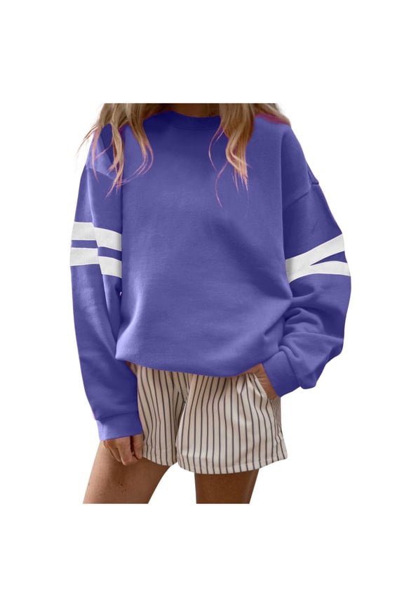 Women's Varsity Striped Oversized Sweatshirt - Crewneck Drop Shoulder Long Sleeve Casual Pullover, Soft Cotton-Poly Blend Fall Outfits for Work School Holiday
