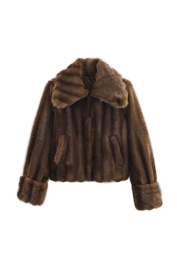 Women’s Vegan Fur Short Coat – Soft Winter lapel Jacket, Vintage Button Closure