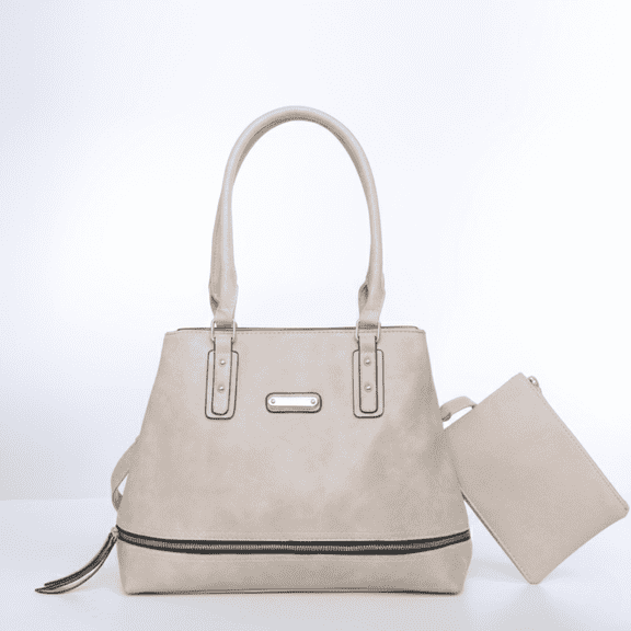 VIA FIORE Womens Vegan Leather Handbag Tote with Front Zipper Pocket & Matching Wristlet, Beige