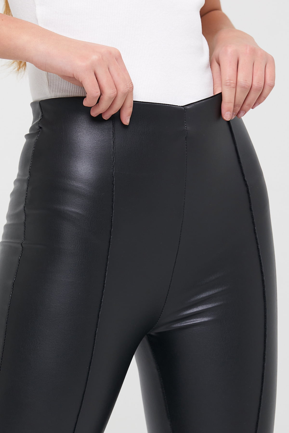 Women\'s Vegan Leather Pant Leather Leggings Stripe Detailed Black Leather  Legging Leather Bottoms