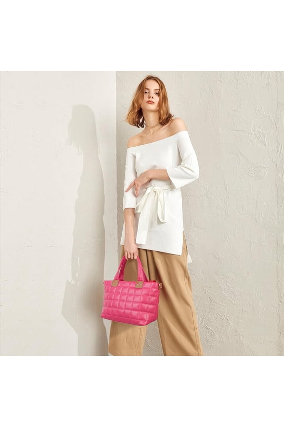 Women's Vegan Leather Quilted Tote Crossbody Tote Handbag, Rose