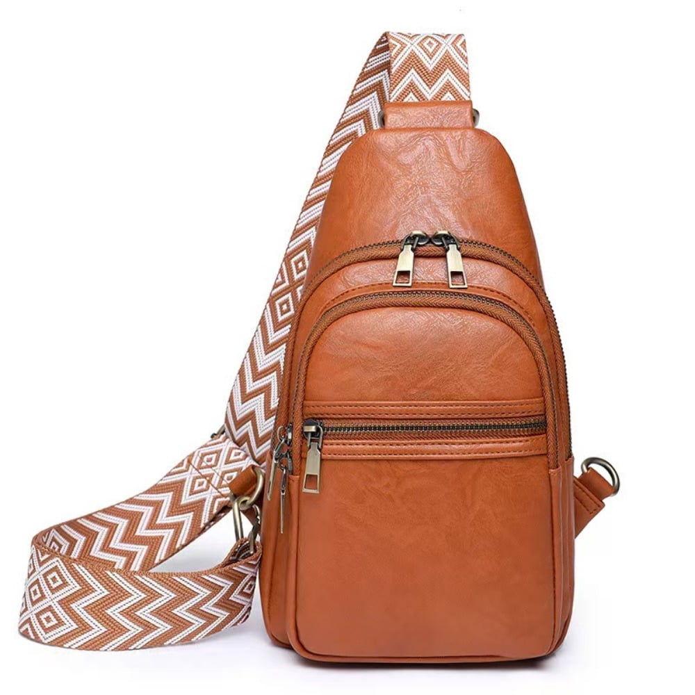 Women's Vegan Leather Sling Bag Packs Small Zipper Crossbody Chest Backpacks, Beige
