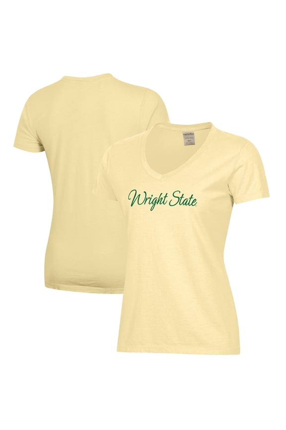 Women's Vegas Gold Wright State Raiders Script Logo Comfort Wash V-Neck T-Shirt