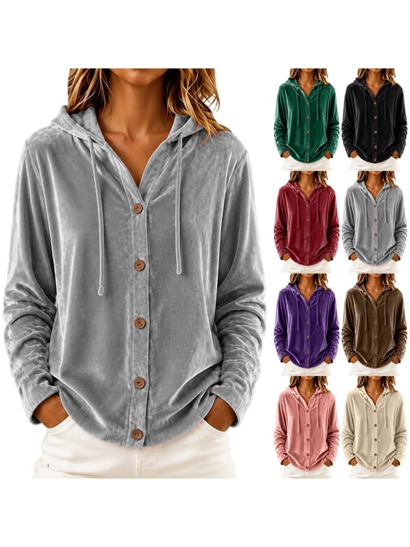 Women's Velour Button Down Hoodies Fall Long Sleeve Vintage Soft Casual Loose Fit Daily Hooded Tops S-XXL