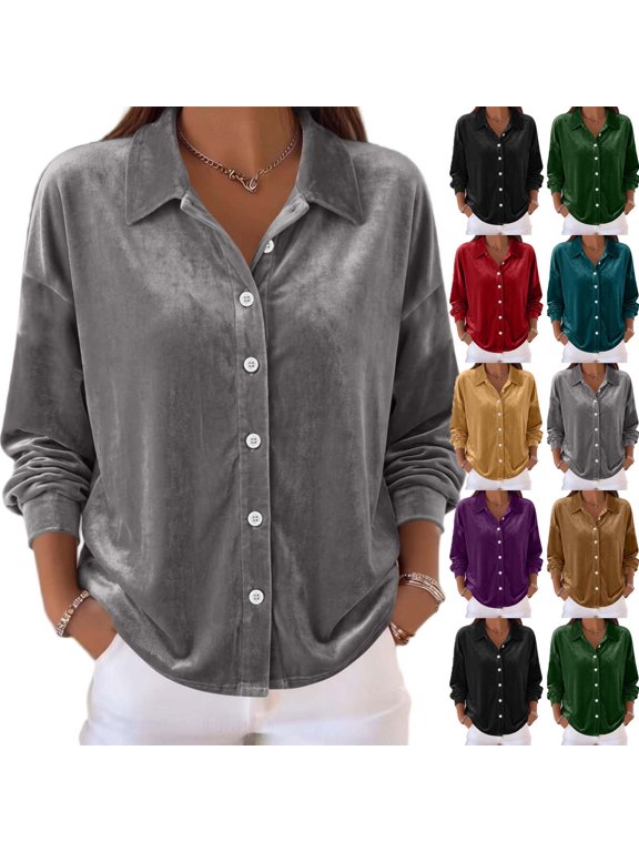 Women's Velour Button Down Shackets Fall Long Sleeve Lapel Collar Vintage Soft Casual Loose Shirt Jackets S-3XL
