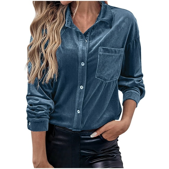 Women's Velour Button Down Shirt Casual Office Business Shirt Long Sleeve Collared Fashion Blouse