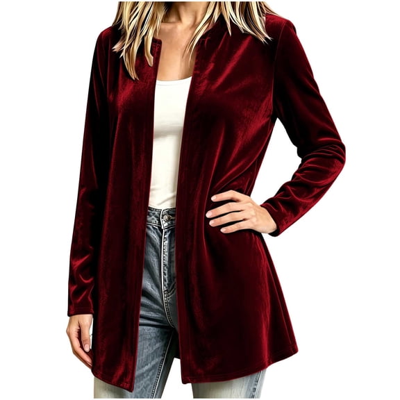 Women's Velour Cardigans Light Casual Christmas Party Soft Velvet Open Front Mid Cardigan Jackets Long Sleeve (XL, Wine)