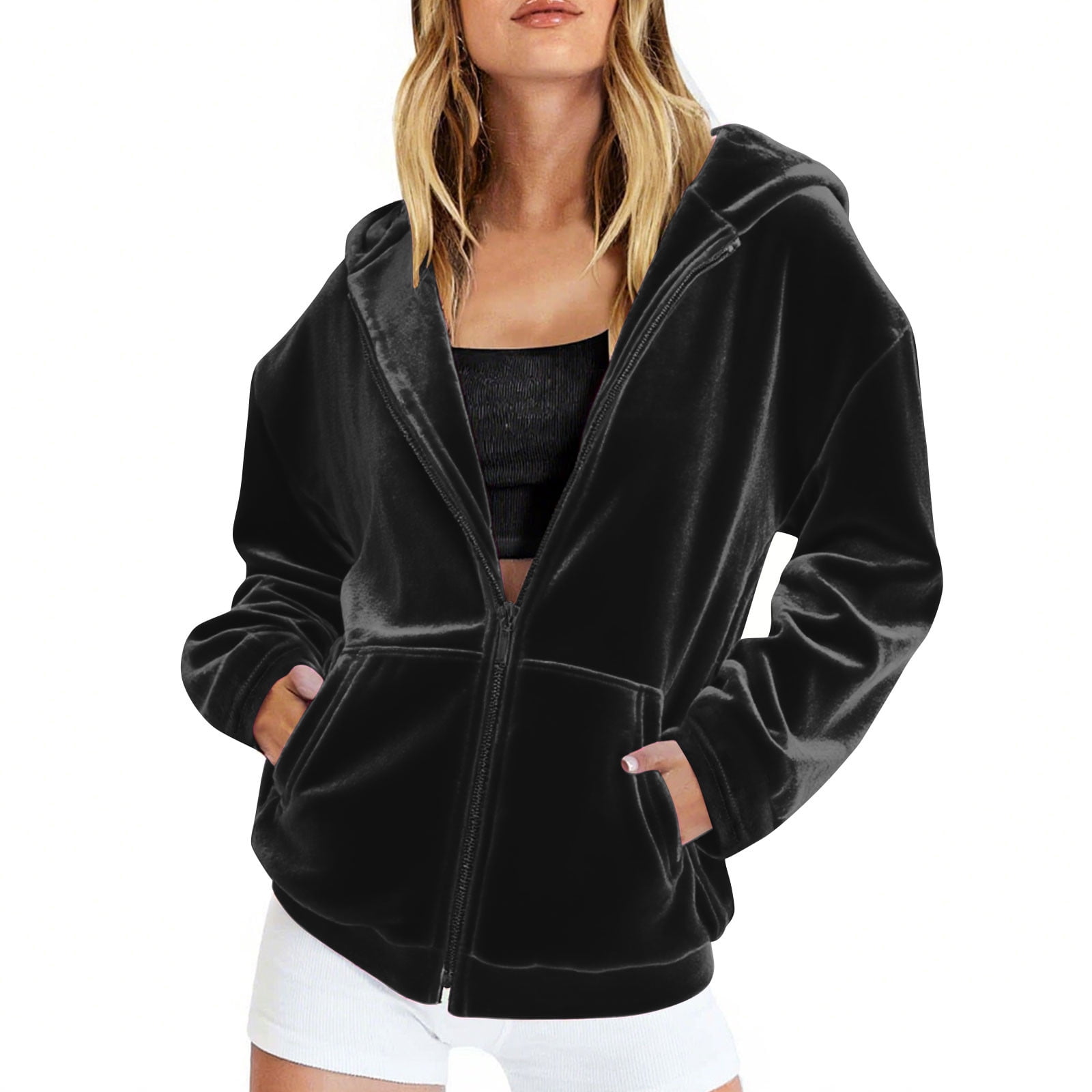 Women's Velour Hooded Jacket Long Sleeve Full Zip Outerwear Soft