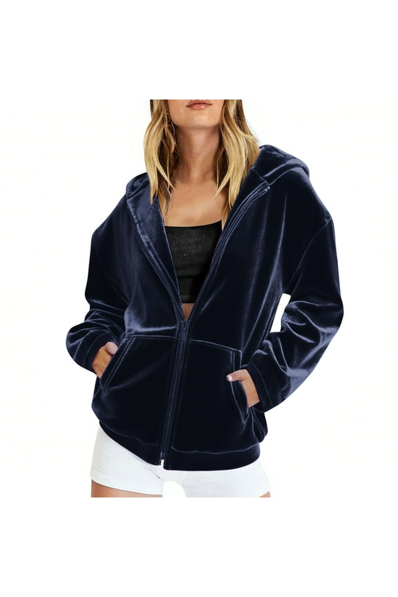 Women's Velour Hooded Jacket Long Sleeve Full Zip Velvet Jacket Fall Winter Soft Warm Outerwear with Pockets