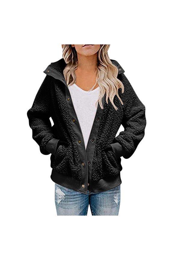 Women's Velour Jackets Trendy Solid Color Winter Plush Thick Full Zip-Up Long Sleeved Jacket Lightweight Soft Casual Winter Warm Coat Black L