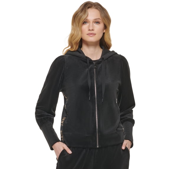 Women's Velour Logo-Tape Zip-Front Hoodie Black/Gold XS