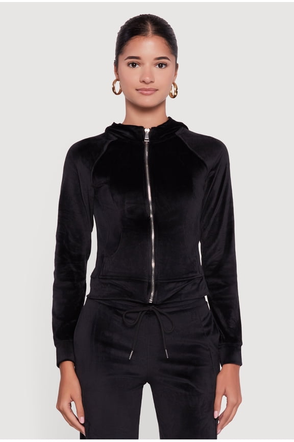 Women's Velour Long Sleeve Solid Zip Front Hoodie