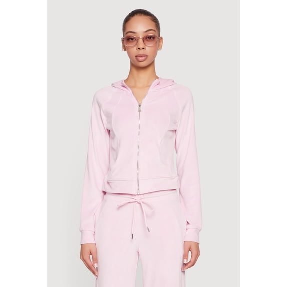 Women's Velour Long Sleeve Solid Zip Front Hoodie