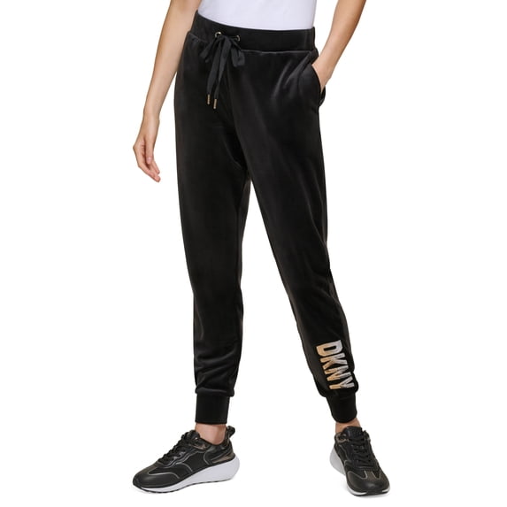 Women's Velour Sequined-Logo Tie-Waist Pants Black/Gold L